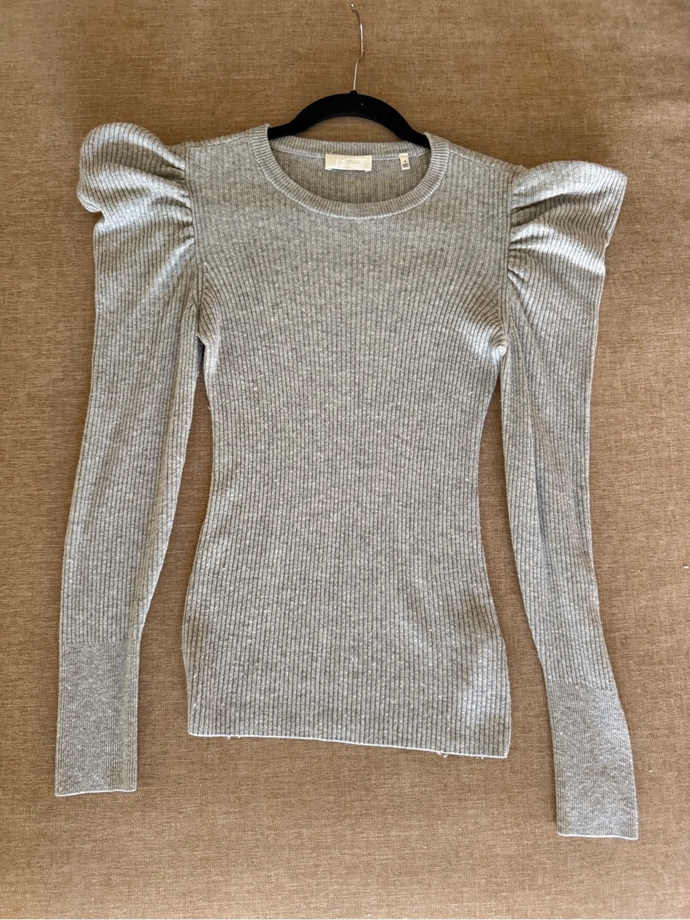 7 For All Mankind Women's Puff Sleeve Ribbed Long-Sleeve Top - Gray Size Small